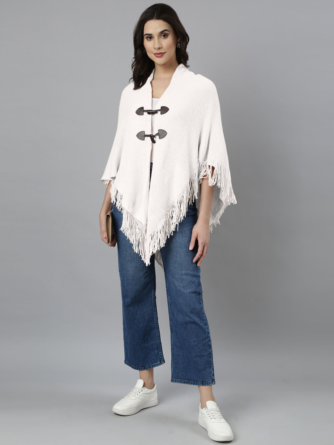 Women Hood Neck Solid White Longline Poncho