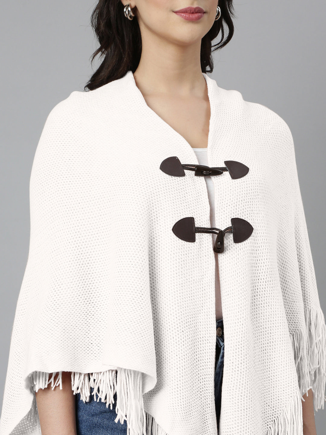 Women Hood Neck Solid White Longline Poncho