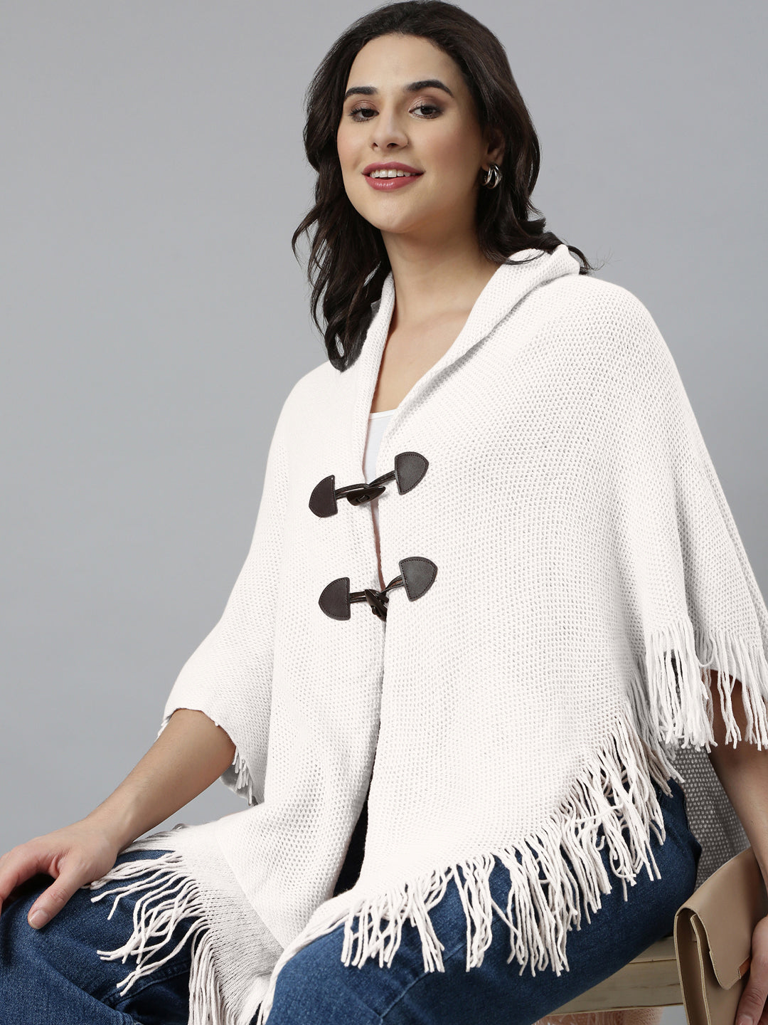 Women Hood Neck Solid White Longline Poncho