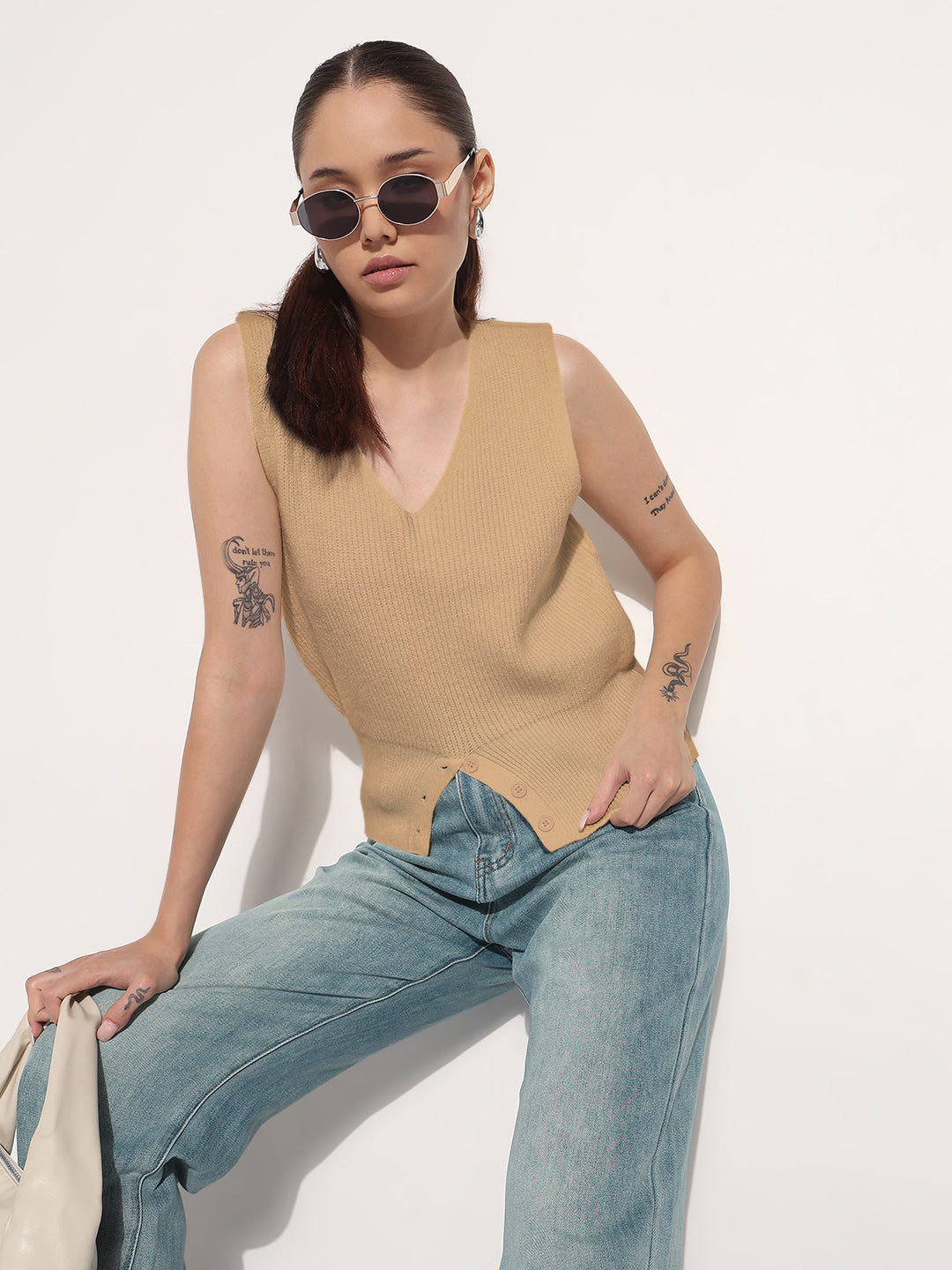 Women's Ribbed Beige V-Neck Sleeveless Knitted Vest Top