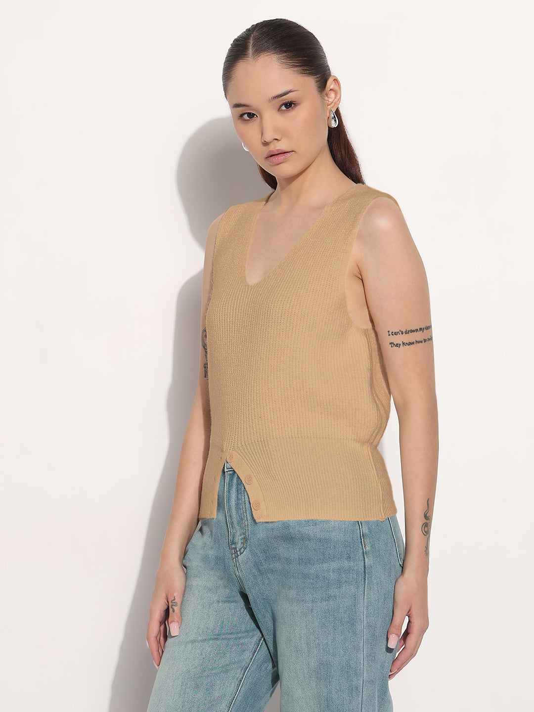 Women's Ribbed Beige V-Neck Sleeveless Knitted Vest Top