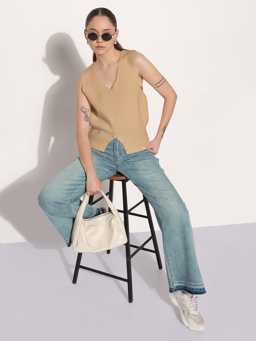 Women's Ribbed Beige V-Neck Sleeveless Knitted Vest Top