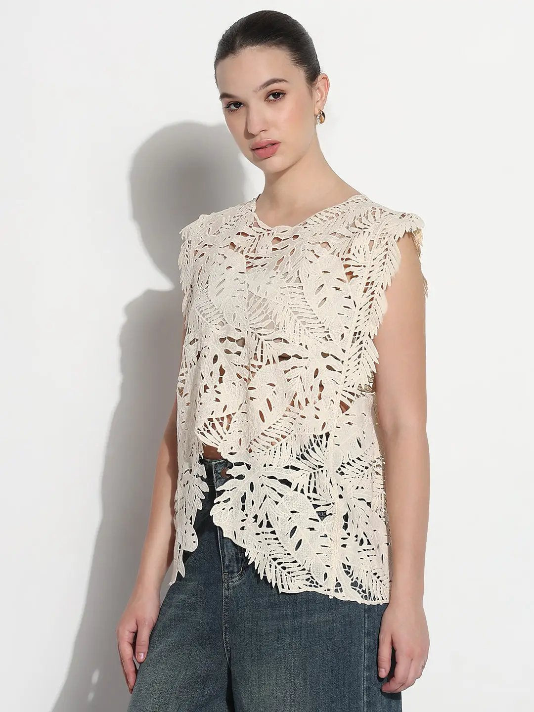 Women's Crochet Cream Asymmetric Hem Top - from SHOWOFFFF
