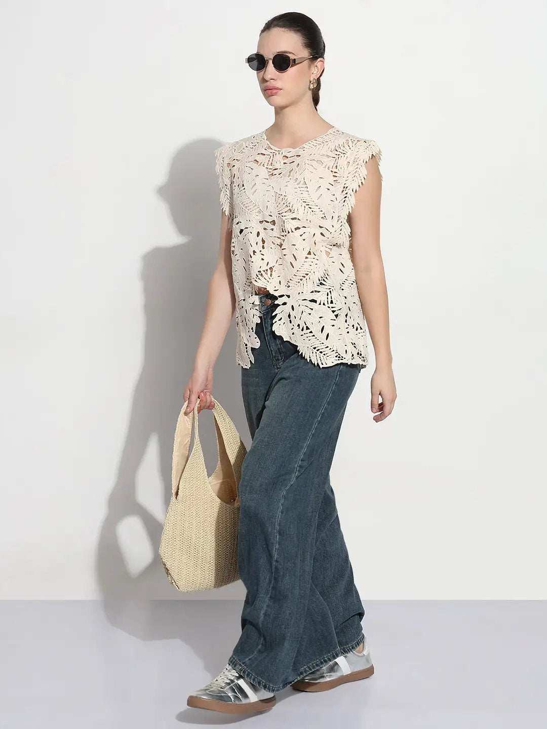 Women's Crochet Cream Asymmetric Hem Top - from SHOWOFFFF