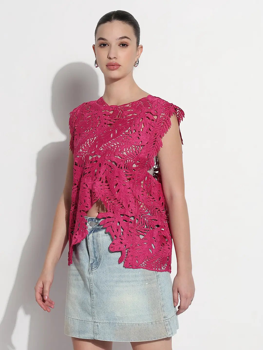 Women's Crochet Pink Asymmetric Hem Top - from SHOWOFFFF