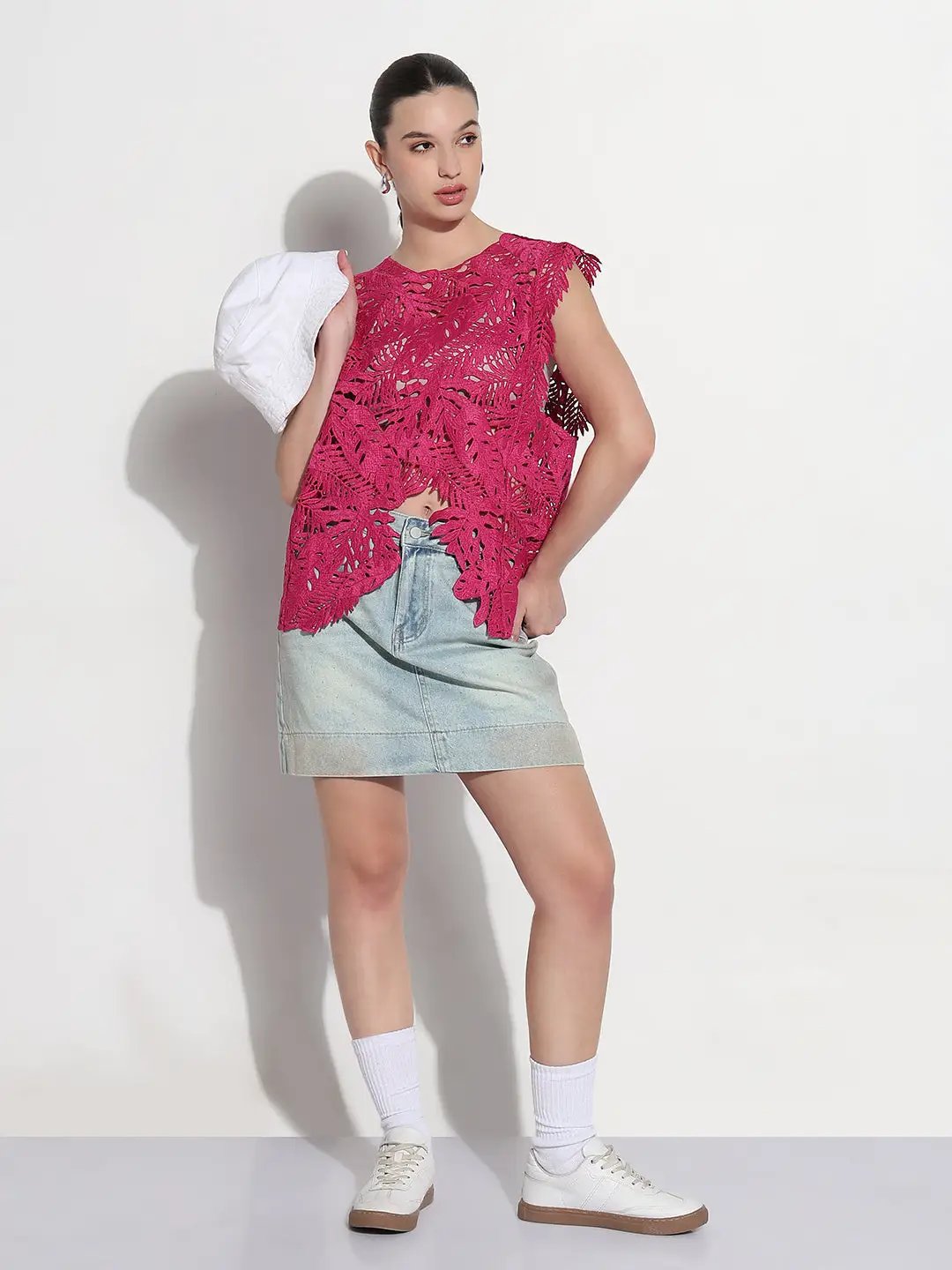 Women's Crochet Pink Asymmetric Hem Top - from SHOWOFFFF