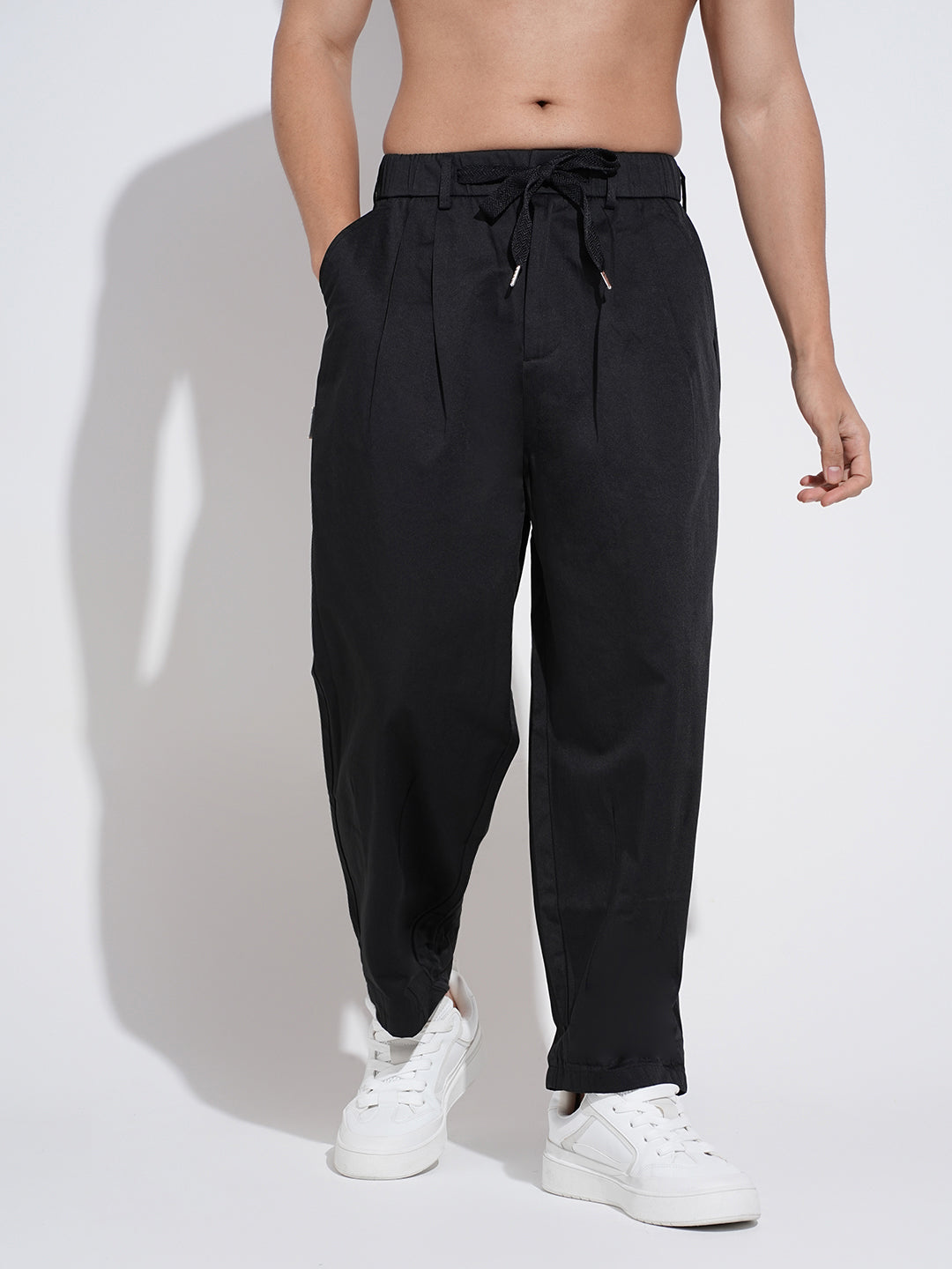 Men's Black Relaxed Fit Trousers with Elasticated Waist and Drawstring