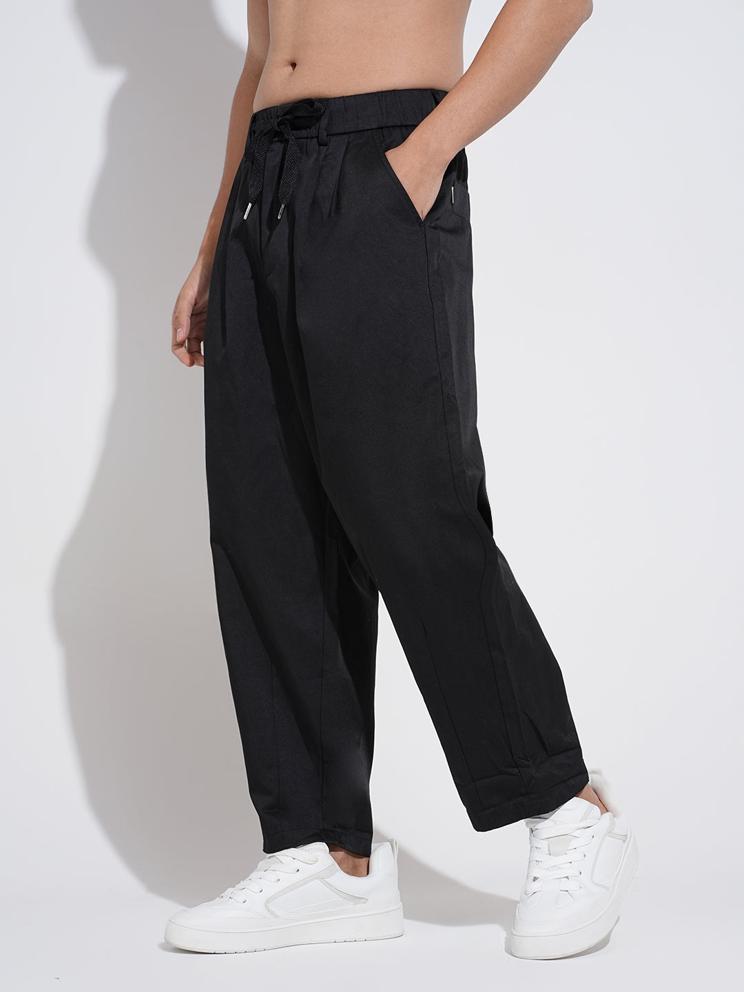 Men's Black Relaxed Fit Trousers with Elasticated Waist and Drawstring