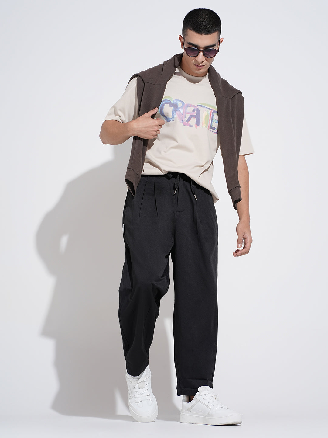 Men's Black Relaxed Fit Trousers with Elasticated Waist and Drawstring