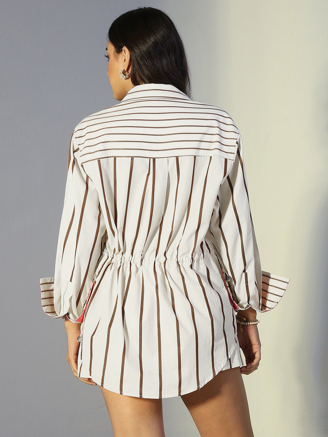 Women's Striped Brown Longline Shirt and Shorts Co-Ord Set