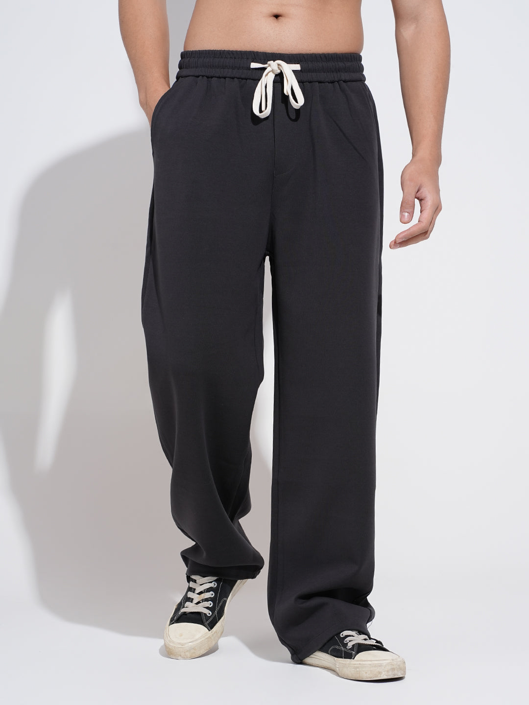 Men's Charcoal Relaxed Fit Trousers with Elasticated Waist and Drawstring