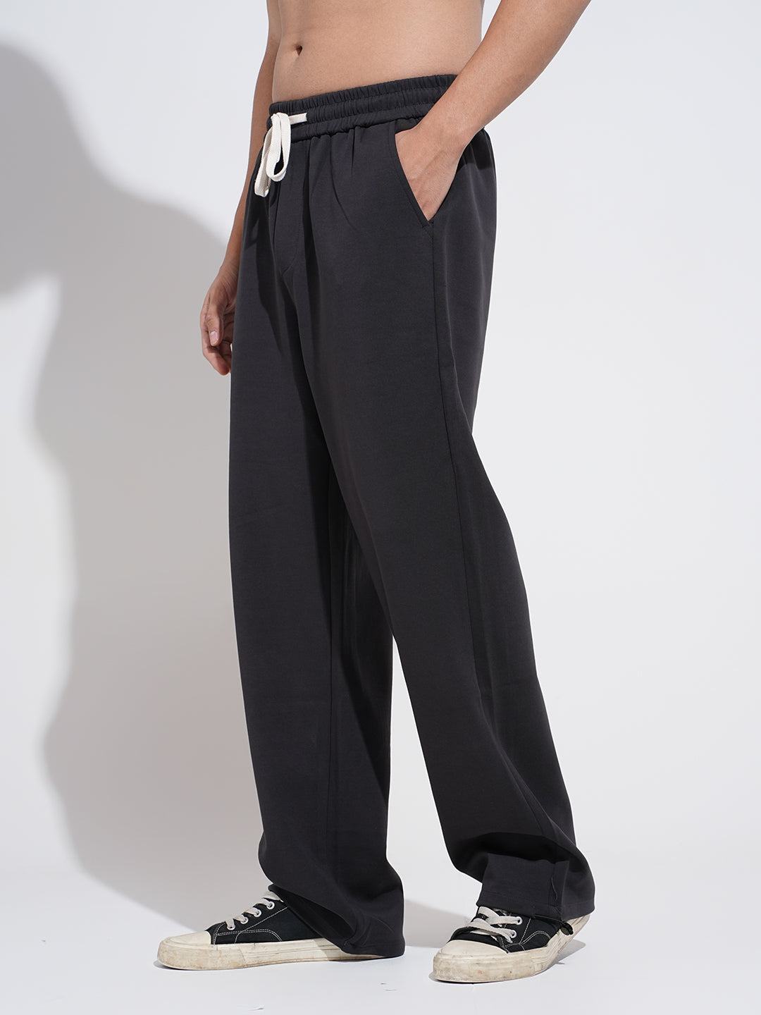 Men's Charcoal Relaxed Fit Trousers with Elasticated Waist and Drawstring