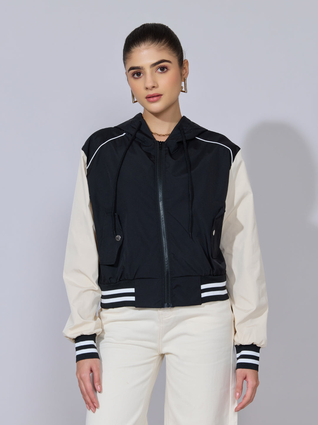 Women's Black Hooded Bomber Jacket