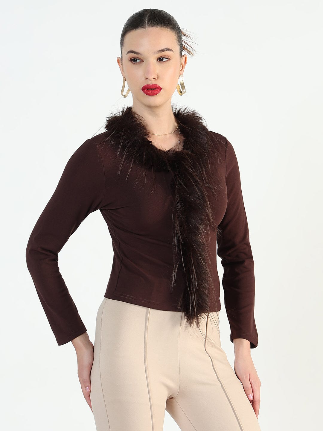 Women's Brown Faux fur Full Sleeve Top