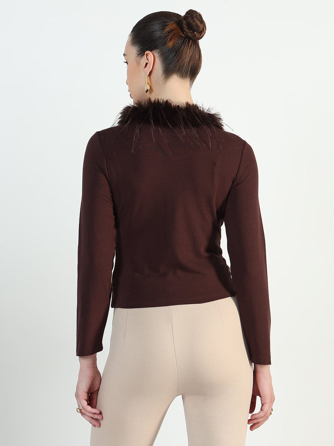 Women's Brown Faux fur Full Sleeve Top