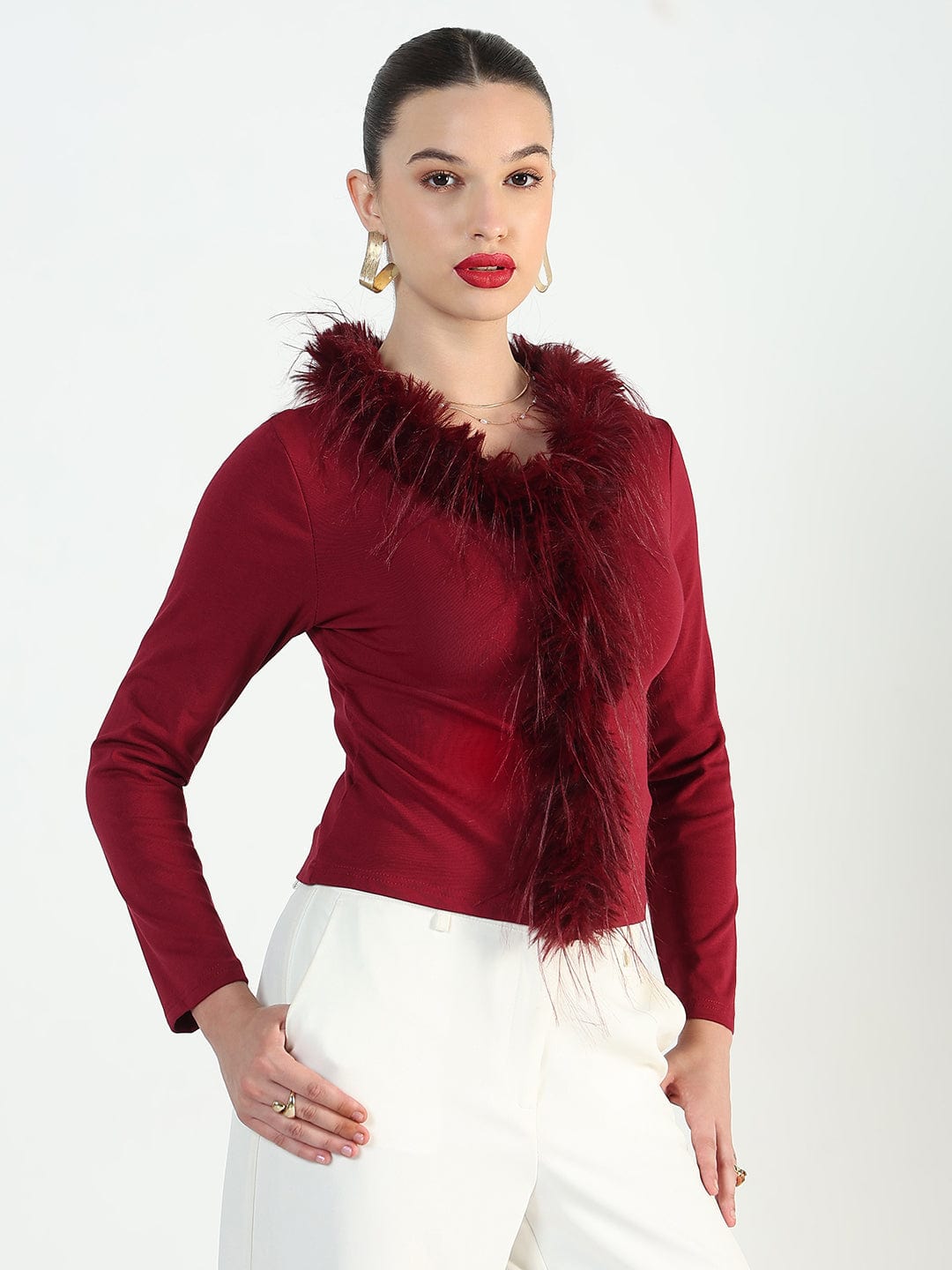 Women's Maroon Faux fur Full Sleeve Top