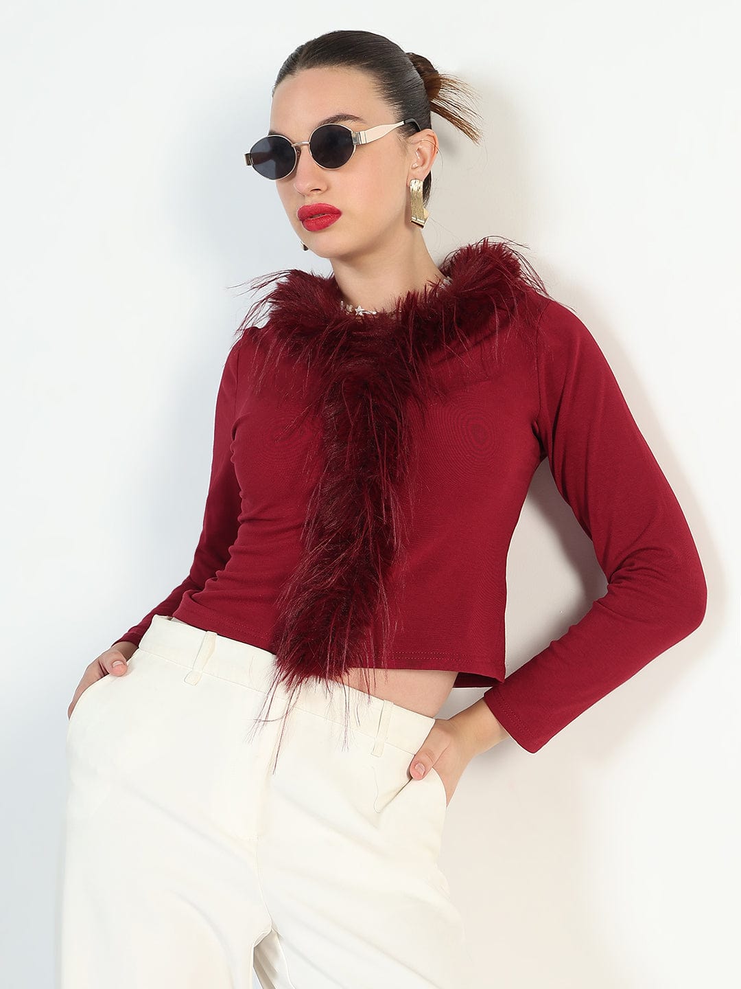 Women's Maroon Faux fur Full Sleeve Top