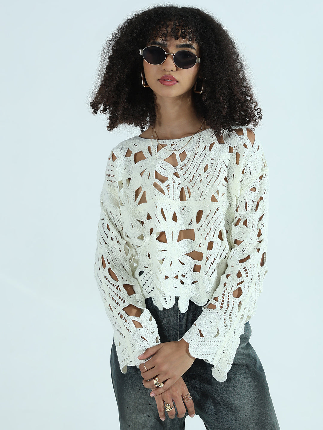 Women's Boat Neck Cream Floral Sheer Top