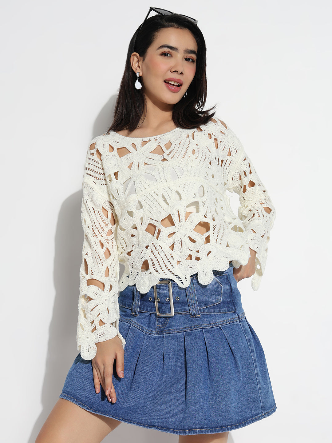 Women Boat Neck Cream Floral Sheer Top