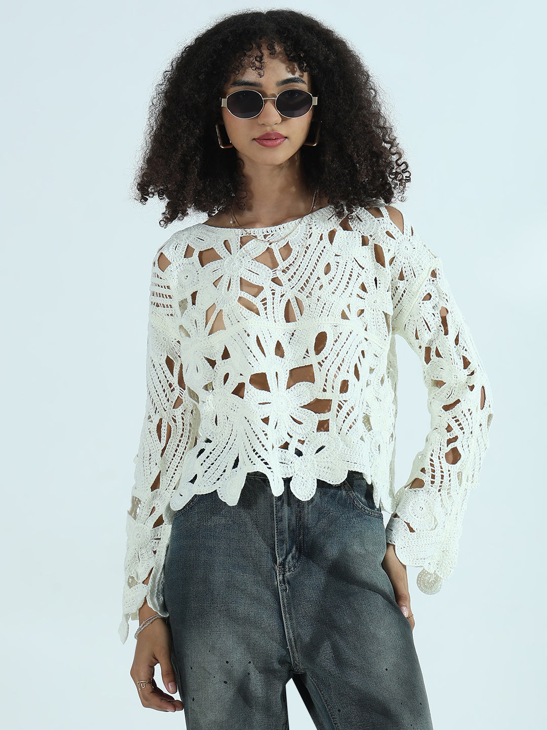 Women's Boat Neck Cream Floral Sheer Top