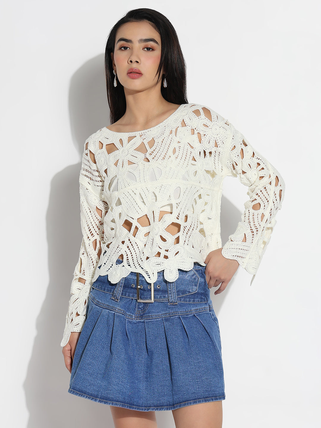 Women Boat Neck Cream Floral Sheer Top