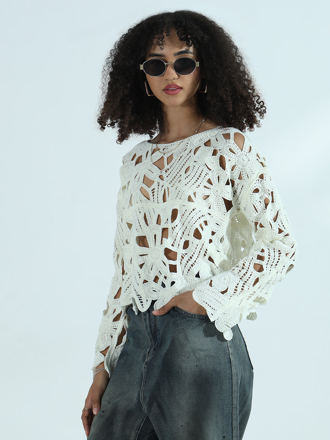 Women's Boat Neck Cream Floral Sheer Top