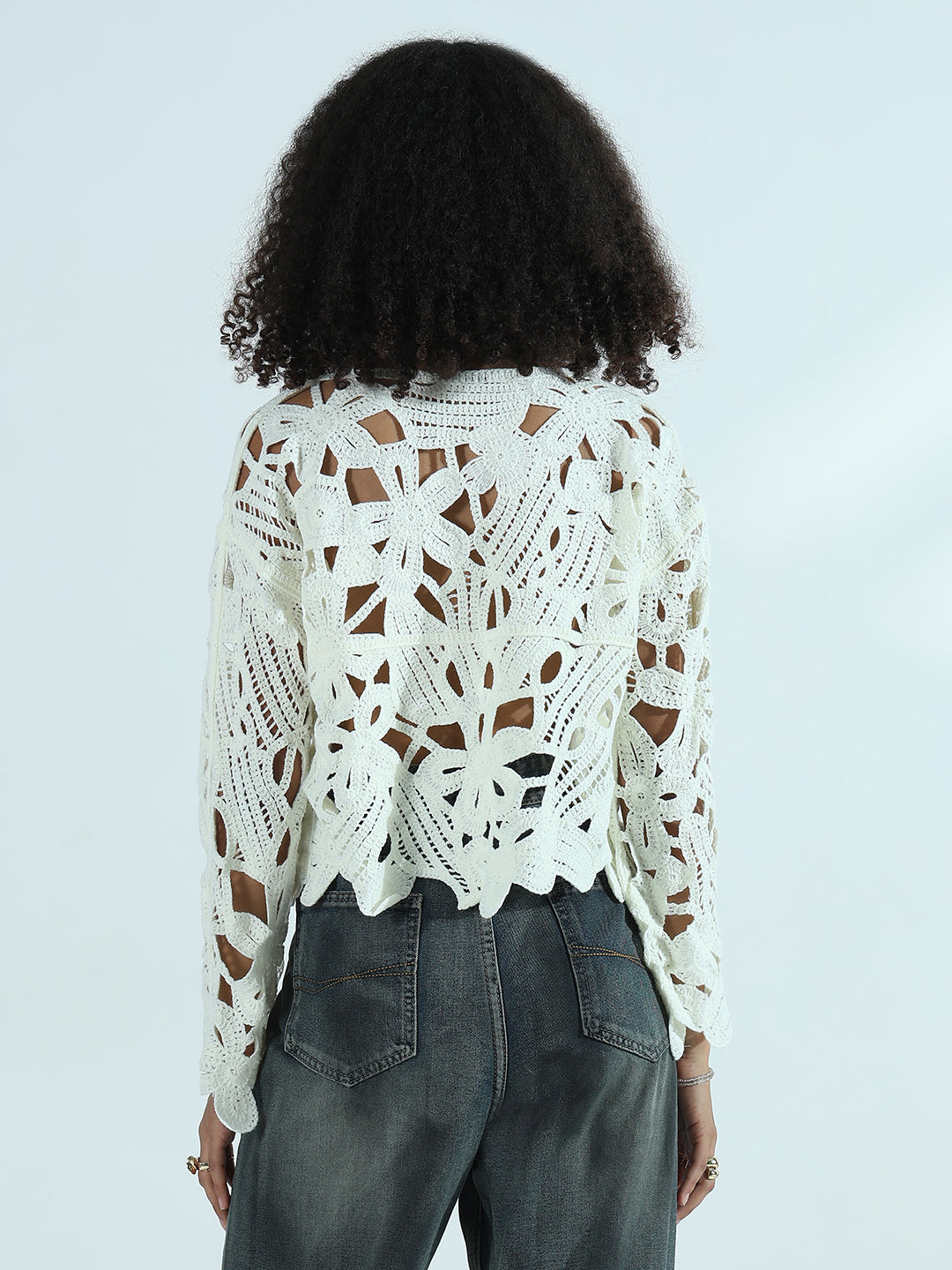 Women's Boat Neck Cream Floral Sheer Top