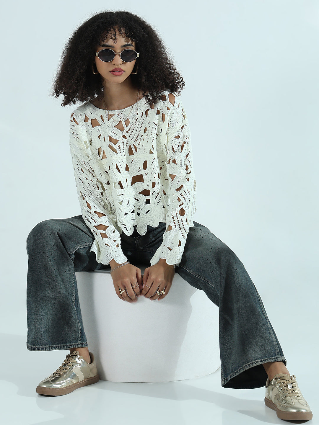 Women's Boat Neck Cream Floral Sheer Top