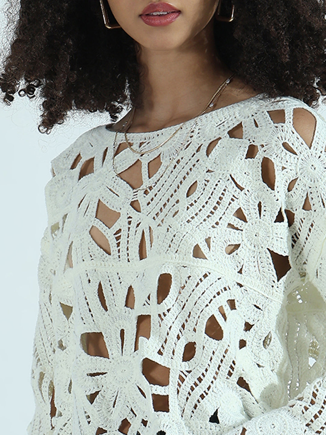 Women's Boat Neck Cream Floral Sheer Top