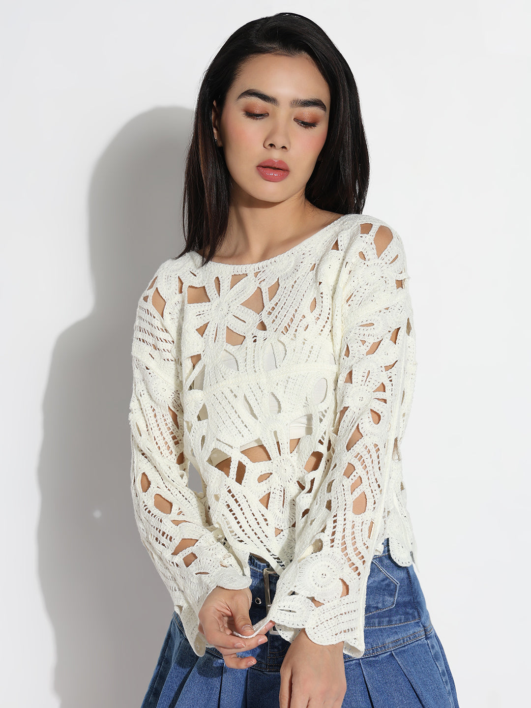 Women Boat Neck Cream Floral Sheer Top