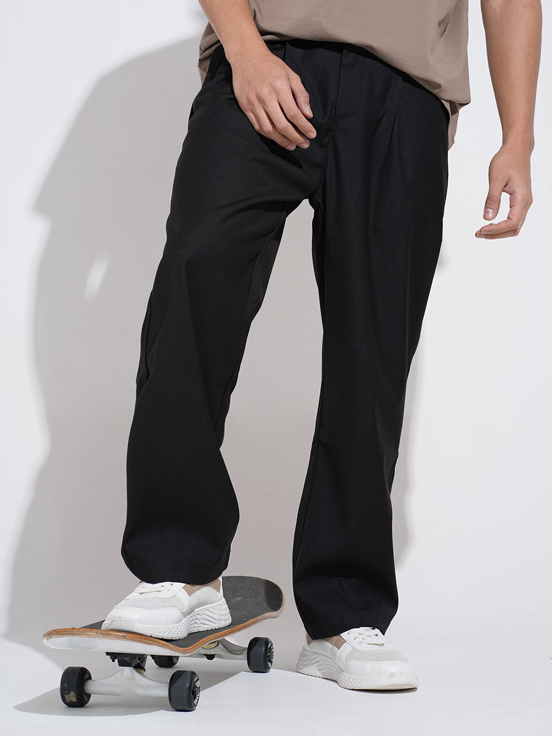 Men's Black Regular Fit Trousers with Adjustable Belt