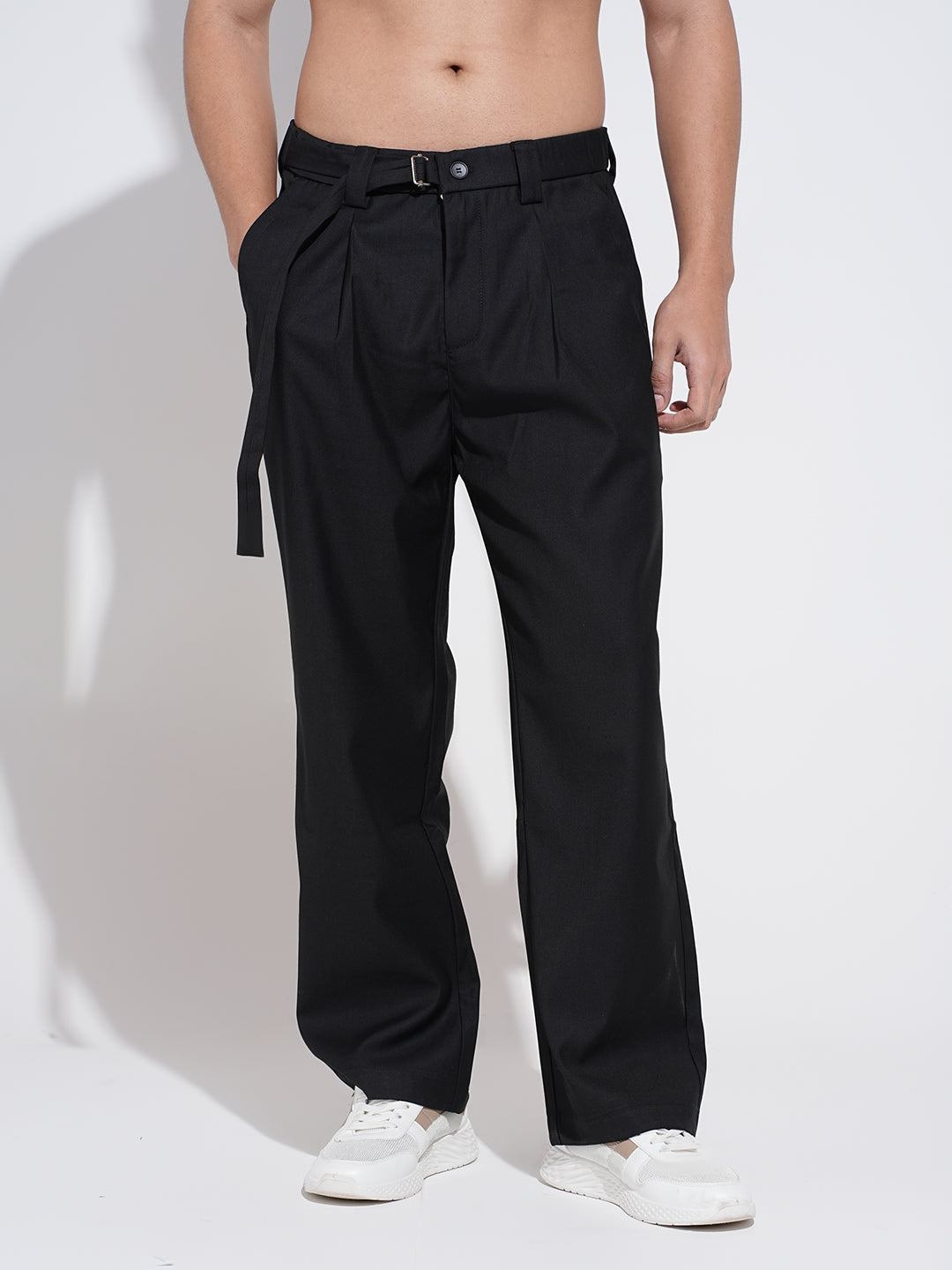 Men's Black Regular Fit Trousers with Adjustable Belt