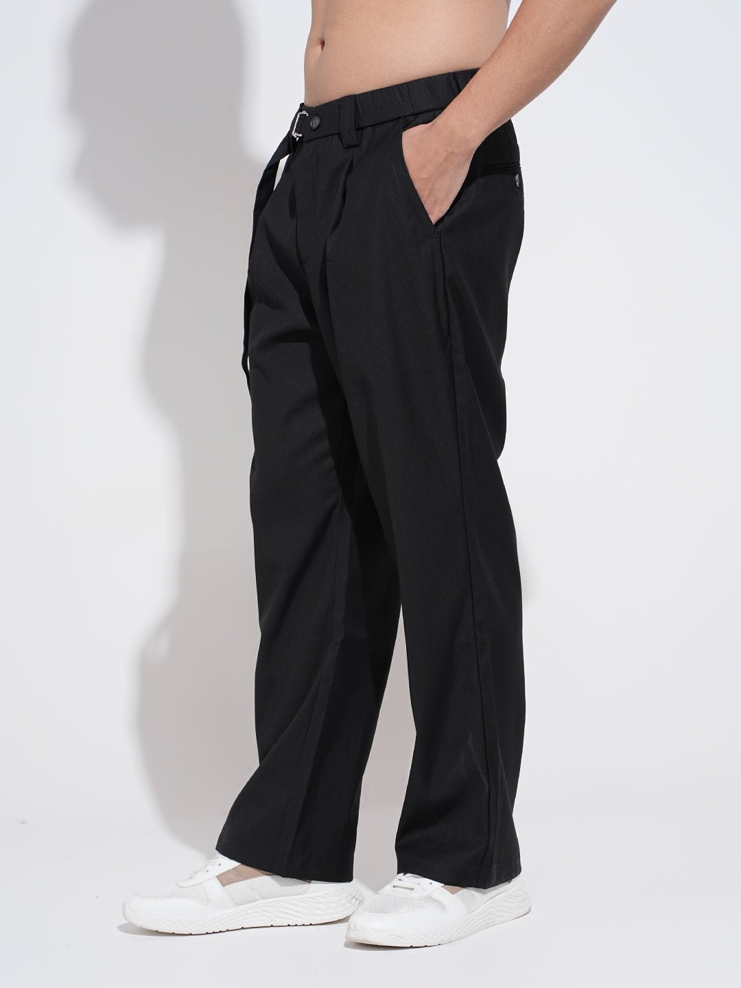 Men's Black Regular Fit Trousers with Adjustable Belt
