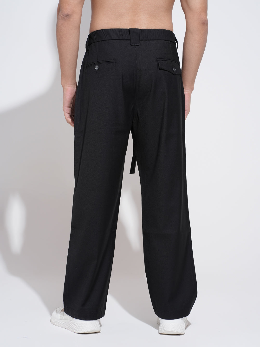 Men's Black Regular Fit Trousers with Adjustable Belt