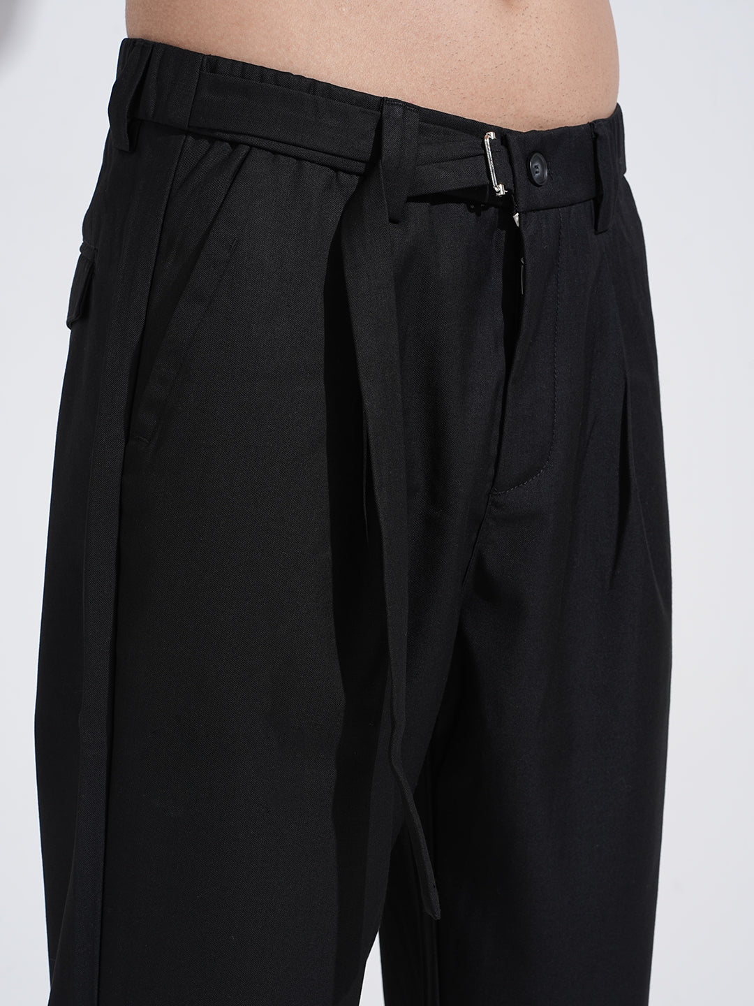 Men's Black Regular Fit Trousers with Adjustable Belt
