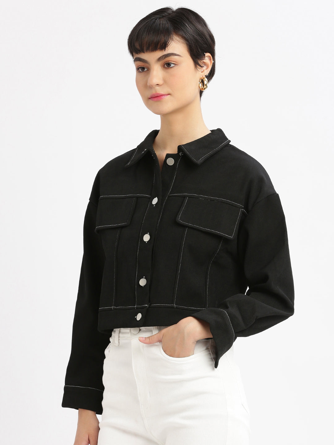 Women Black Crop Tailored Jacket