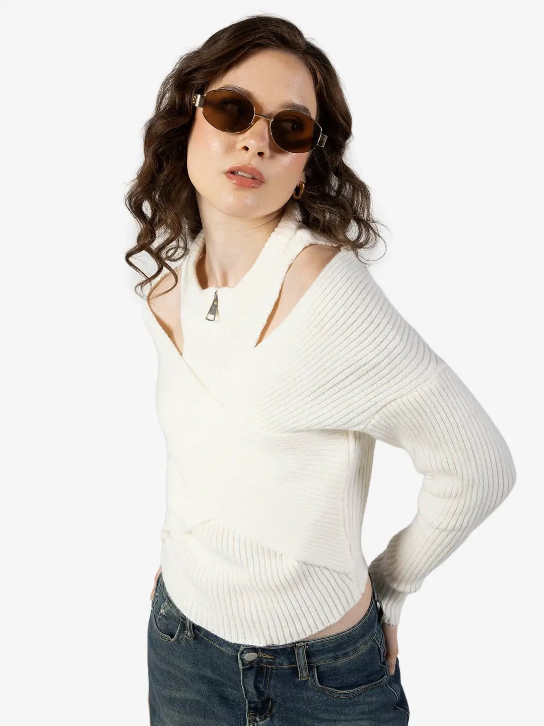 Women's Ribbed Cream Wrap Style Cold Shoulder High Neck Top