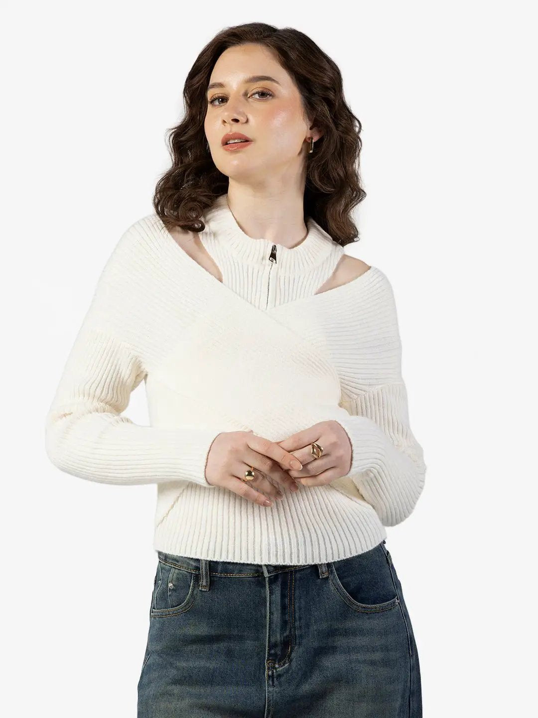 Women's Ribbed Cream Wrap Style Cold Shoulder High Neck Top