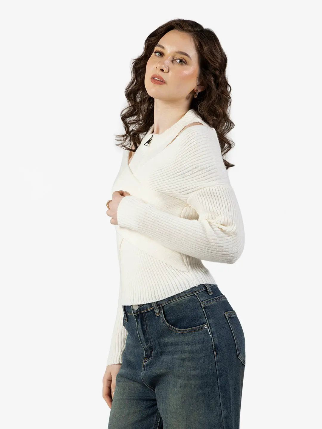 Women's Ribbed Cream Wrap Style Cold Shoulder High Neck Top