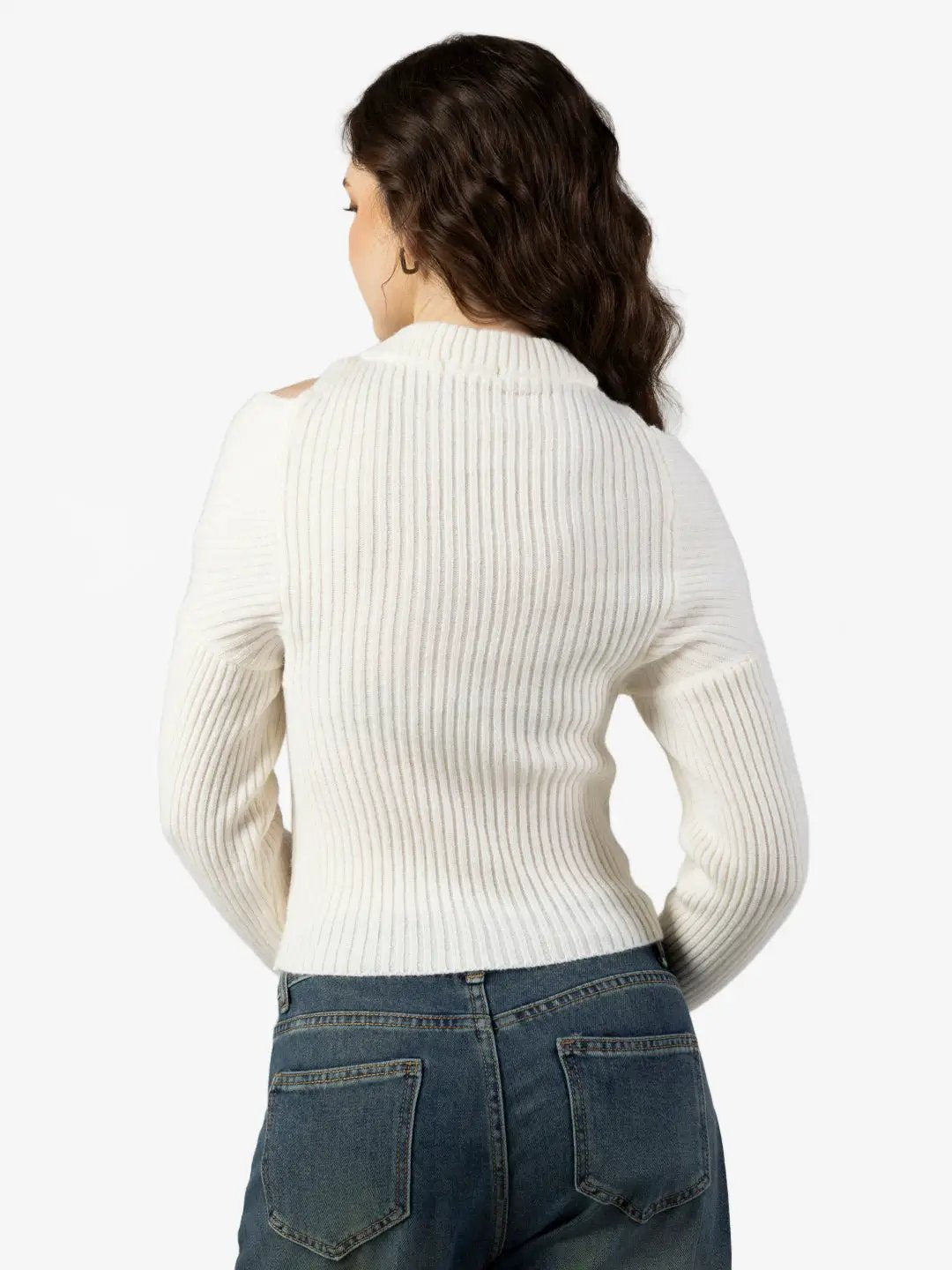 Women's Ribbed Cream Wrap Style Cold Shoulder High Neck Top