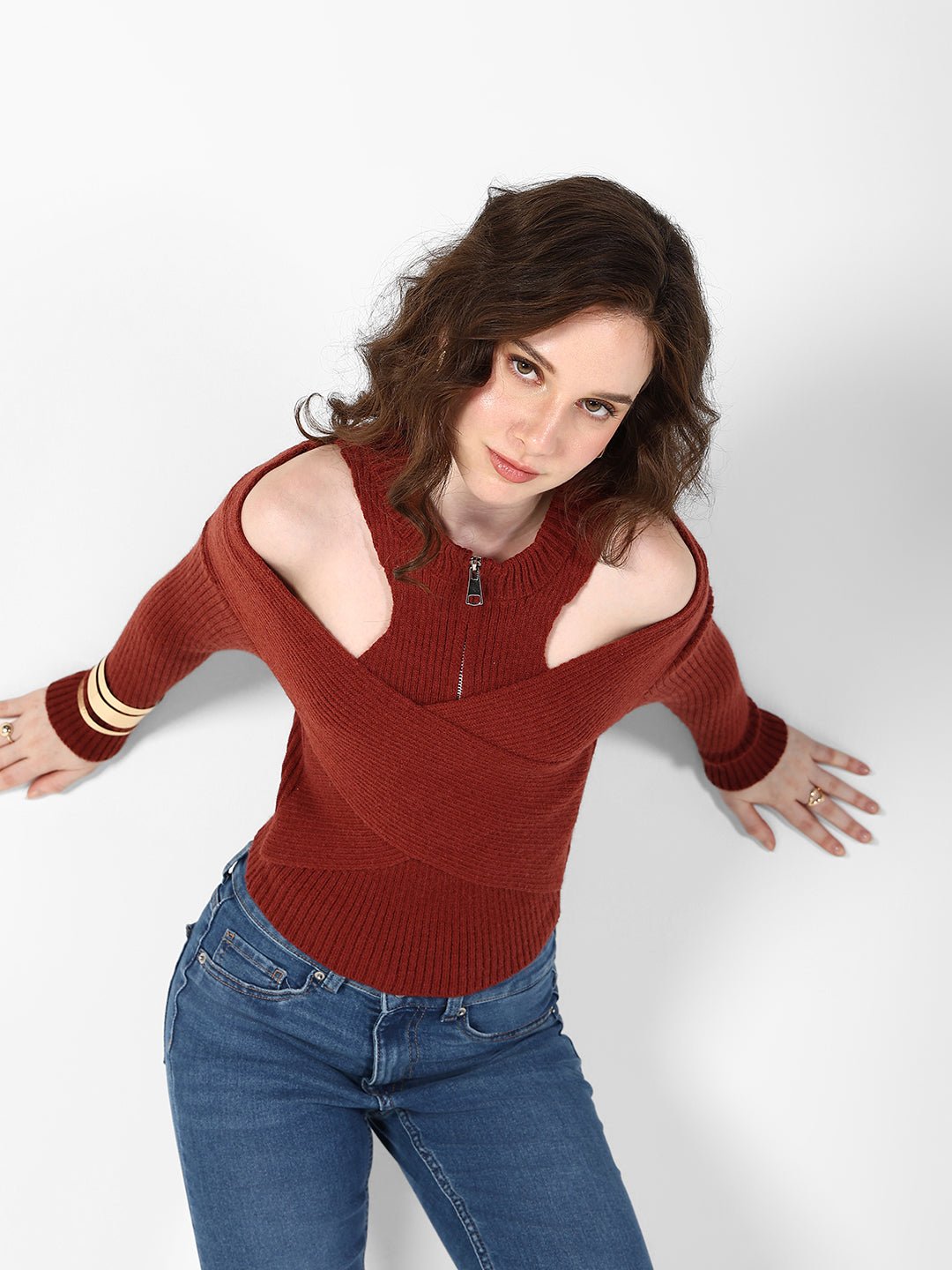 Women's Ribbed Rust Wrap Style Cold Shoulder High Neck Top