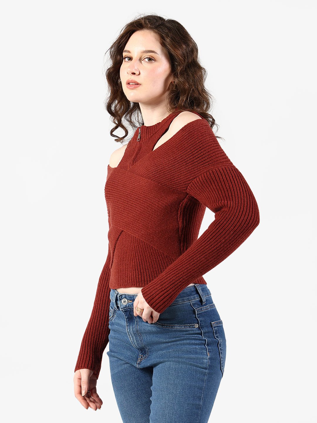 Women's Ribbed Rust Wrap Style Cold Shoulder High Neck Top