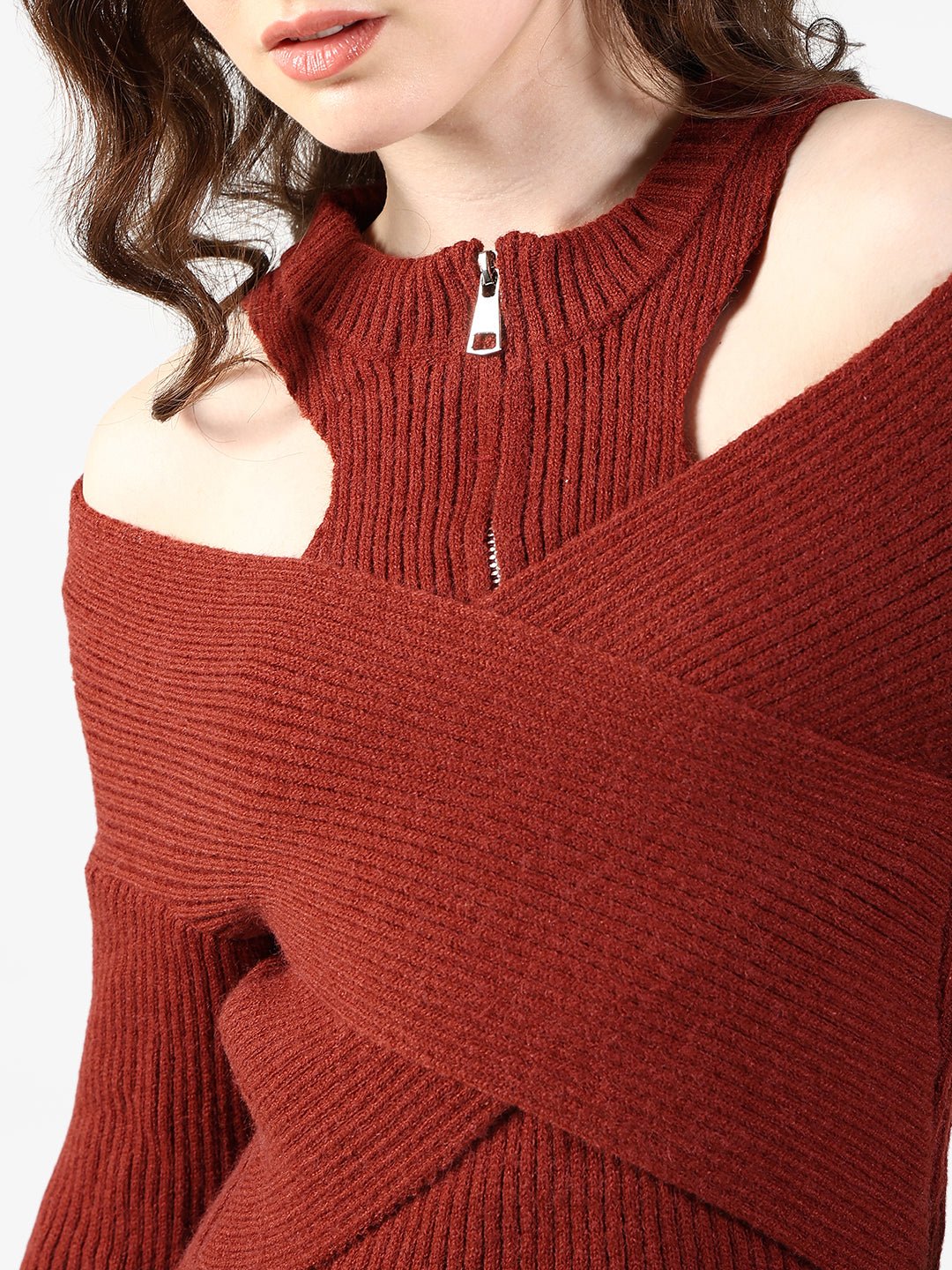 Women's Ribbed Rust Wrap Style Cold Shoulder High Neck Top