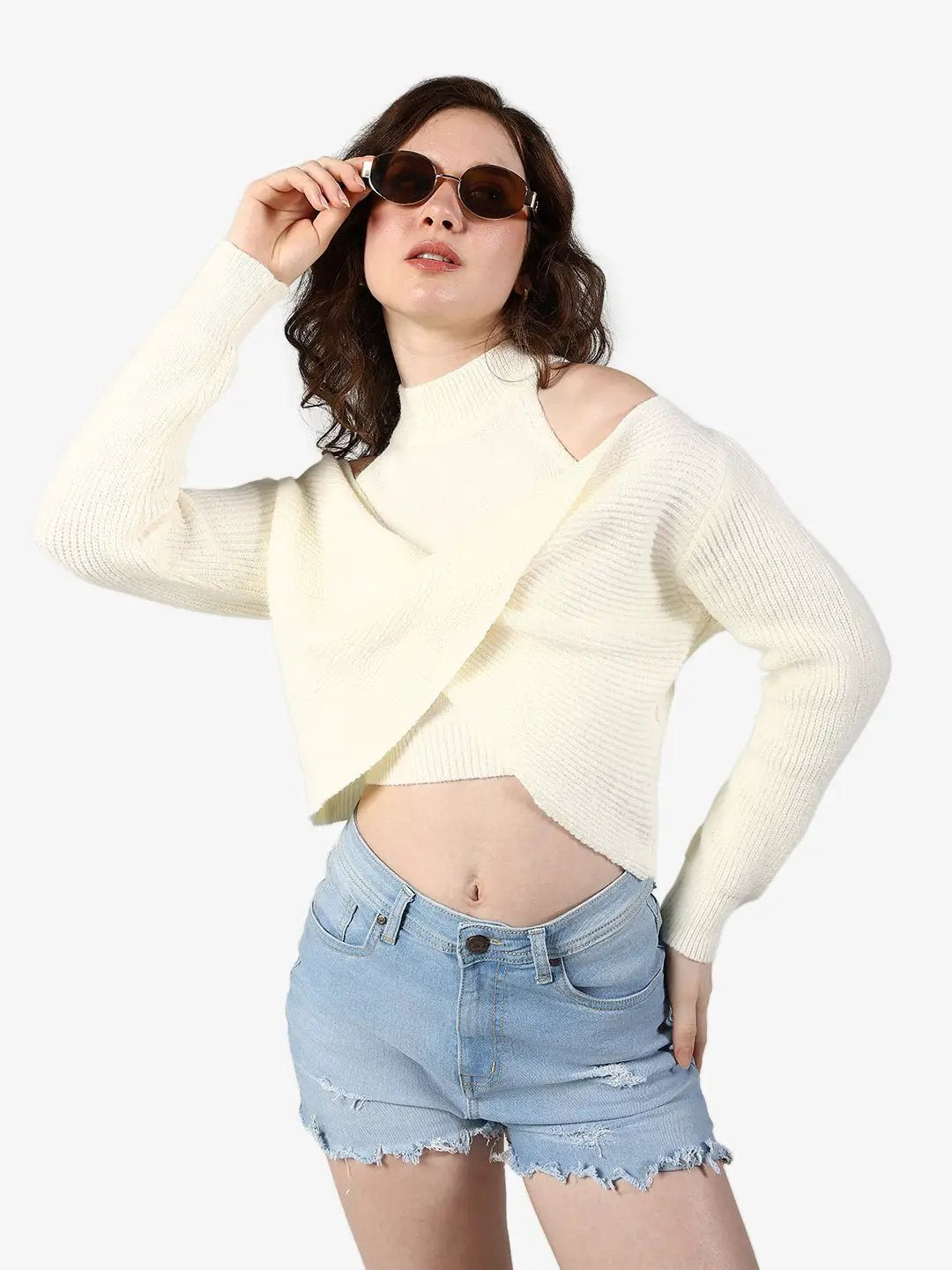 Women's Ribbed Cream Asymmetric Wrap Crop Knit Top