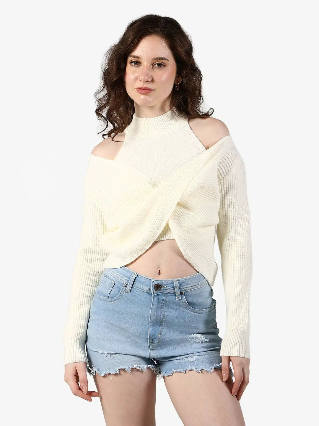 Women's Ribbed Cream Asymmetric Wrap Crop Knit Top