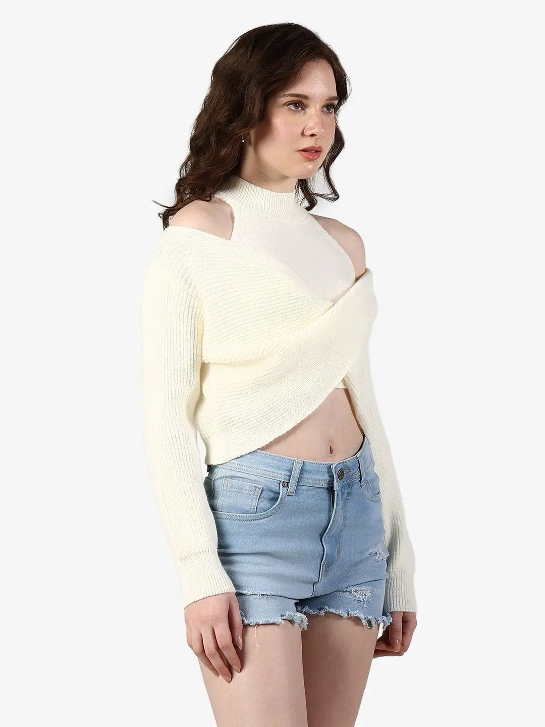 Women's Ribbed Cream Asymmetric Wrap Crop Knit Top