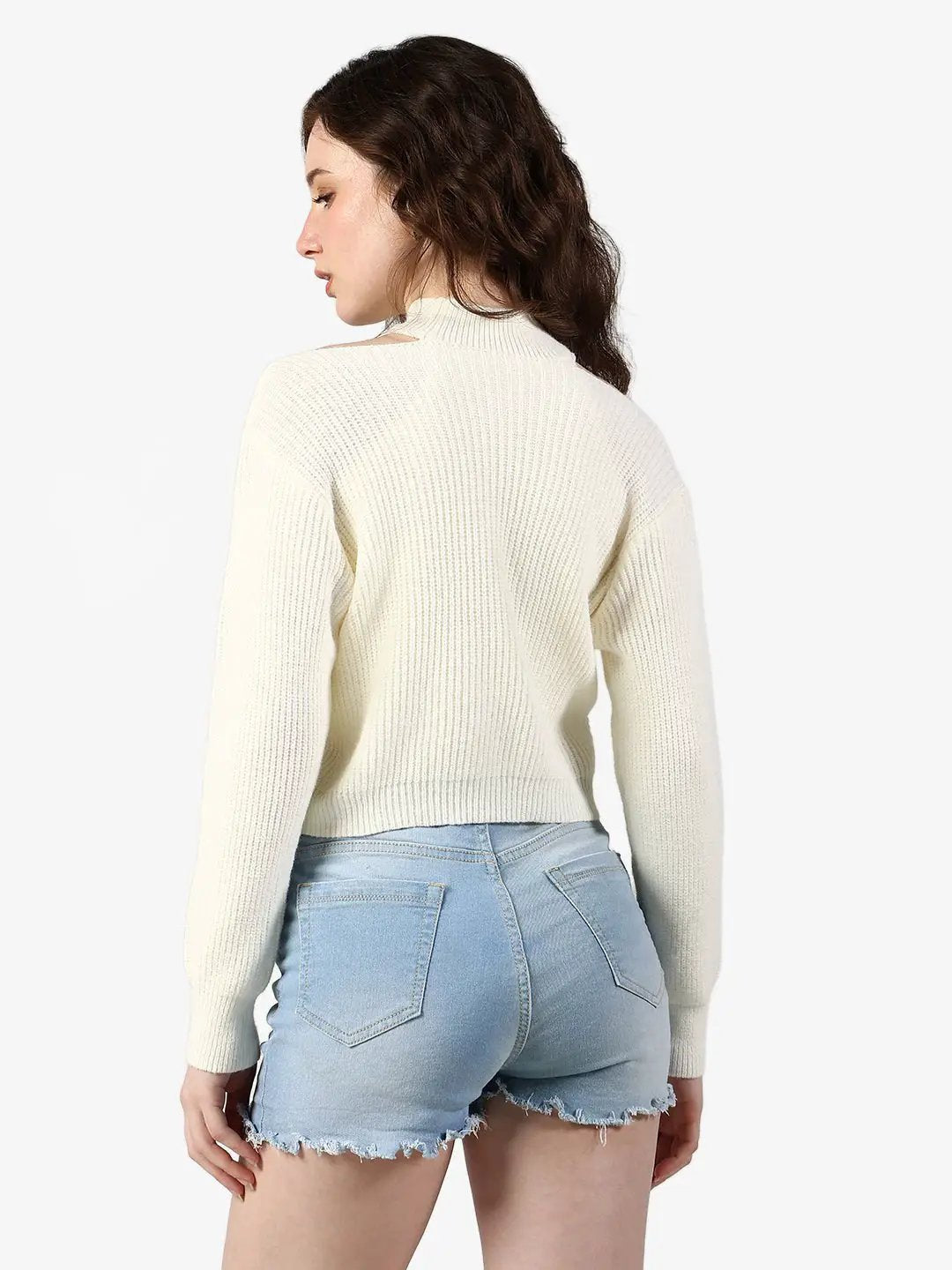 Women's Ribbed Cream Asymmetric Wrap Crop Knit Top