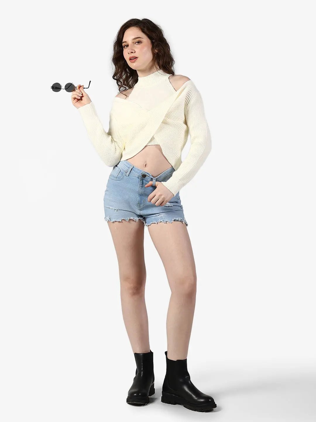 Women's Ribbed Cream Asymmetric Wrap Crop Knit Top