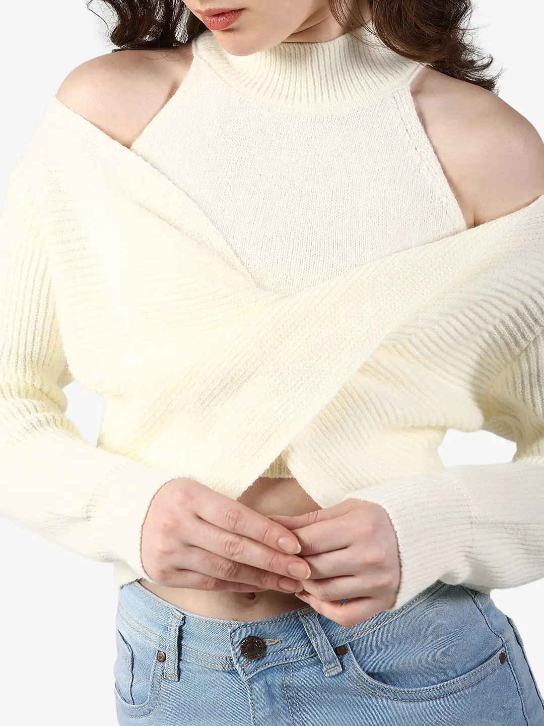 Women's Ribbed Cream Asymmetric Wrap Crop Knit Top