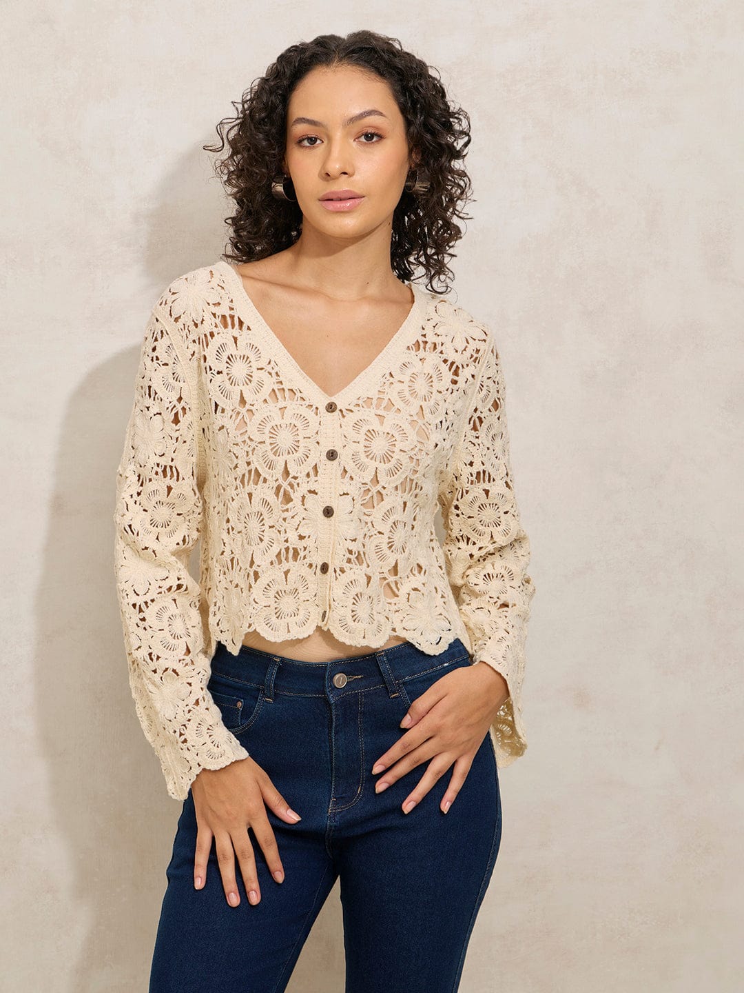 Women's Crochet Beige V-Neck Full Sleeves Top with Buttons